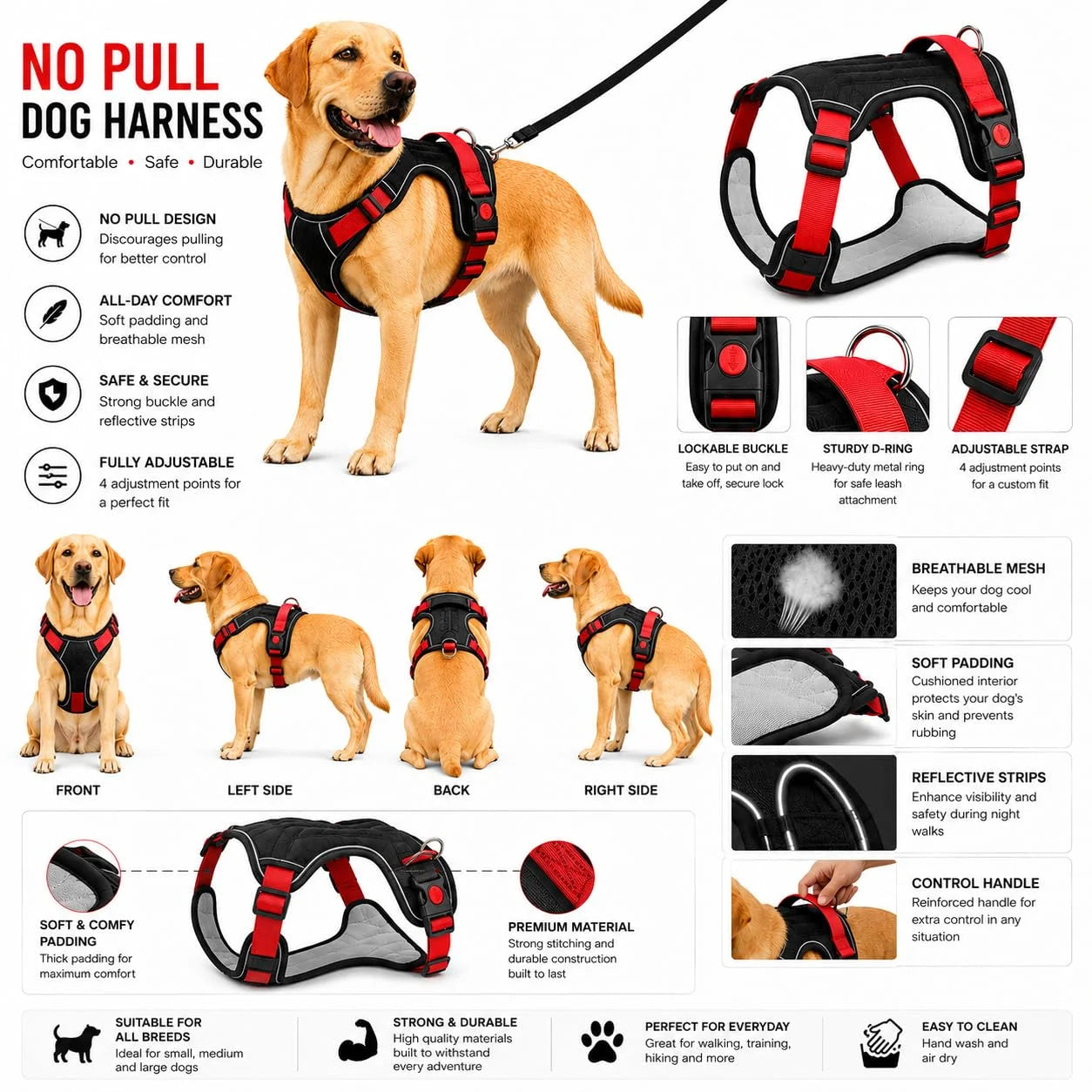 Pawington Reflective No Pull Dog Harness with Handle XL (22.5-45kg) - Black Red