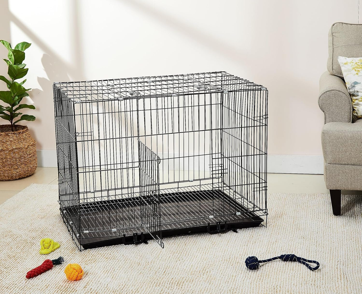 Pawington Foldable Portable Double Door Metal Dog Cage - Black