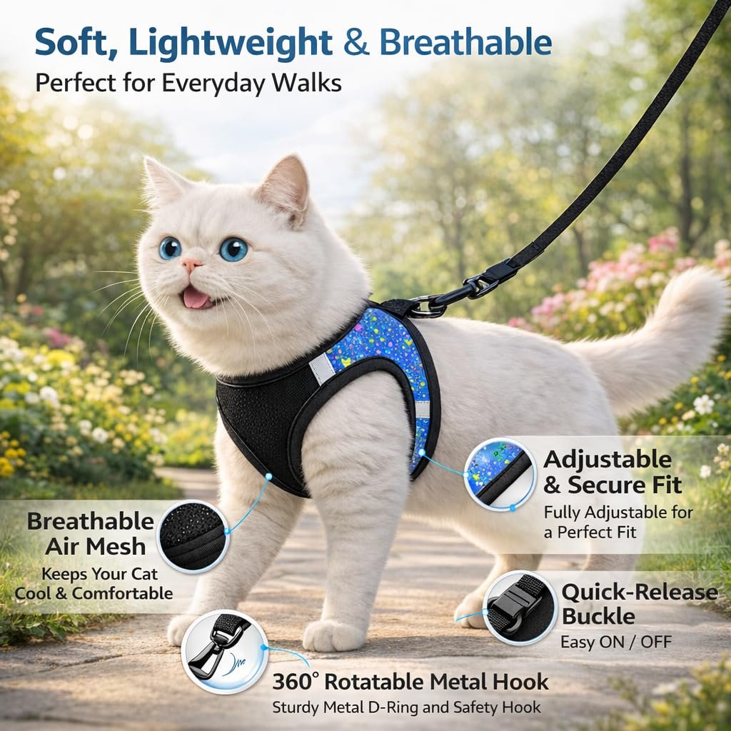 Pawington Adjustable & Durable Leash with Harness for Cats - Black/Blue