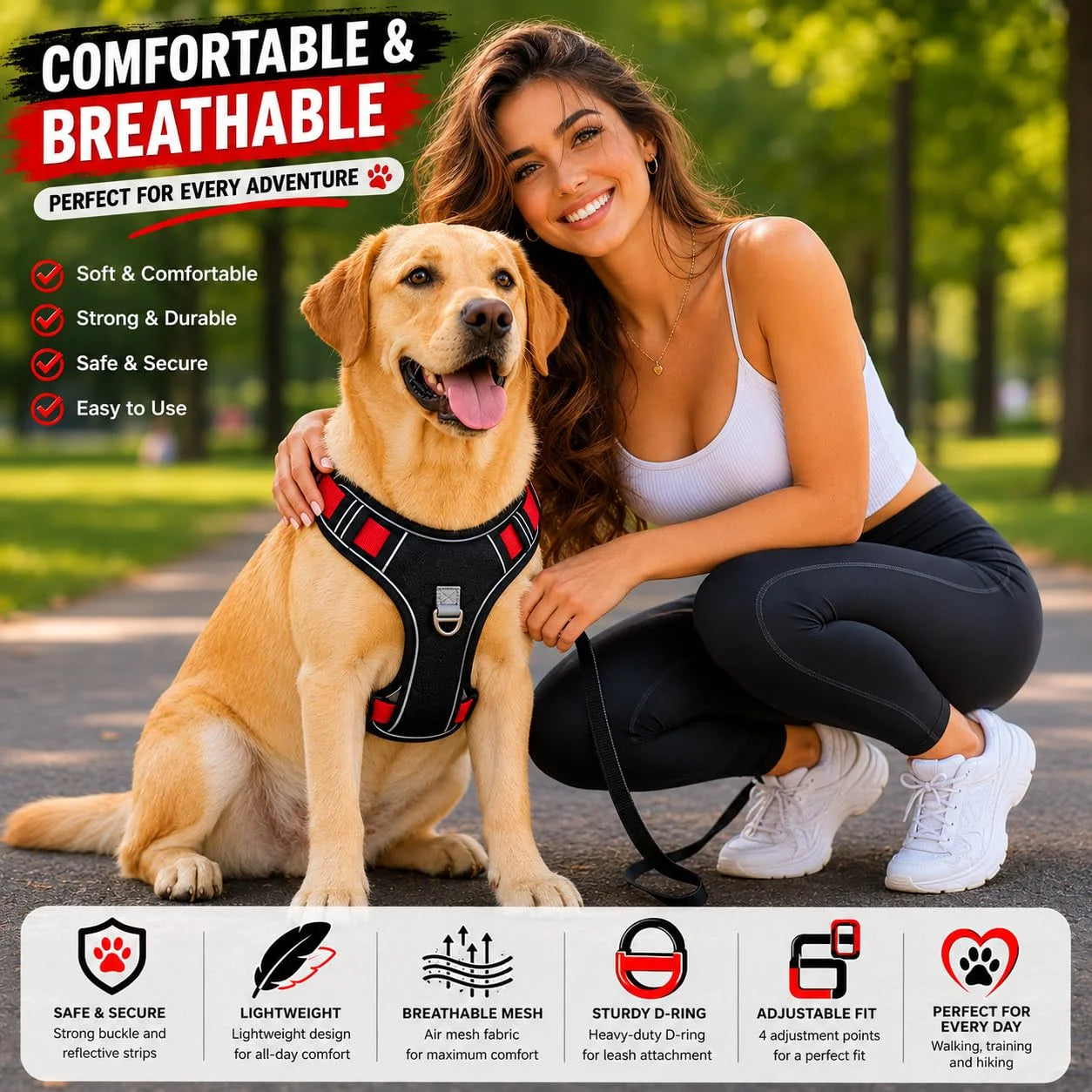 Pawington Reflective No Pull Dog Harness with Handle XL (22.5-45kg) - Black Red