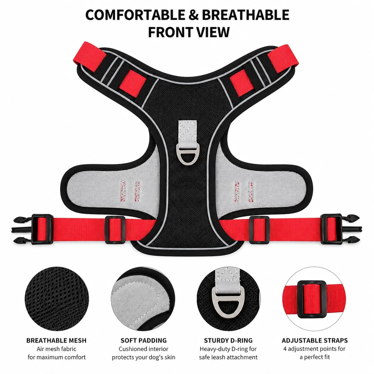 Pawington Reflective No Pull Dog Harness with Handle XL (22.5-45kg) - Black Red