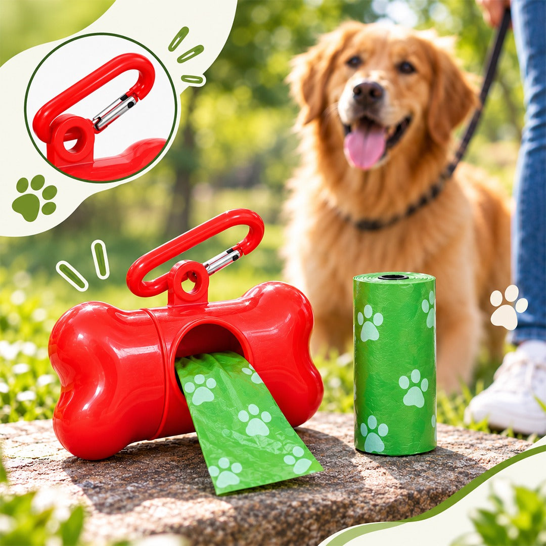 Red bone-shaped pet poo bag dispenser with green waste bag and dog in the background