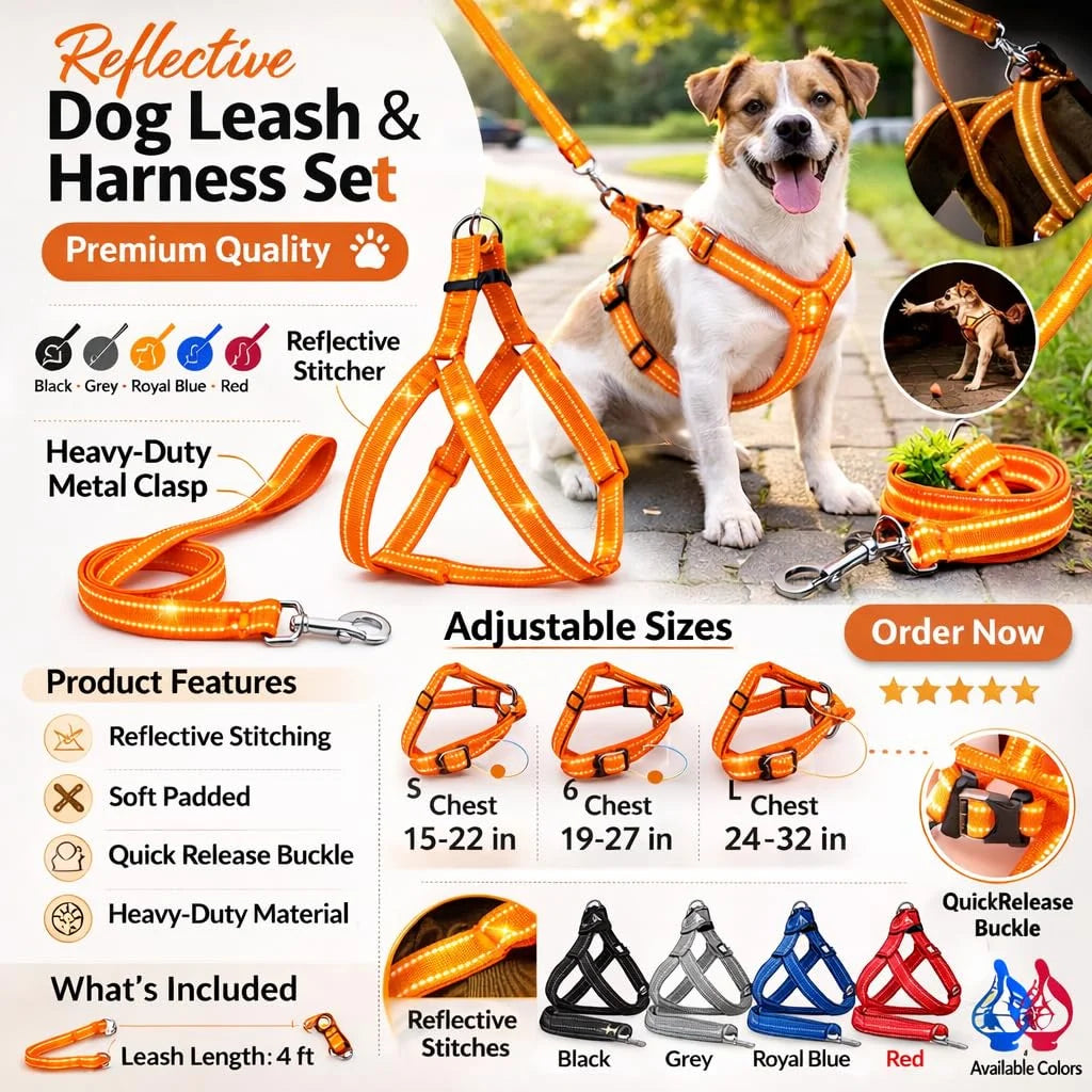 Pawington Reflective No Pull Dog Harness and Leash Set - Orange